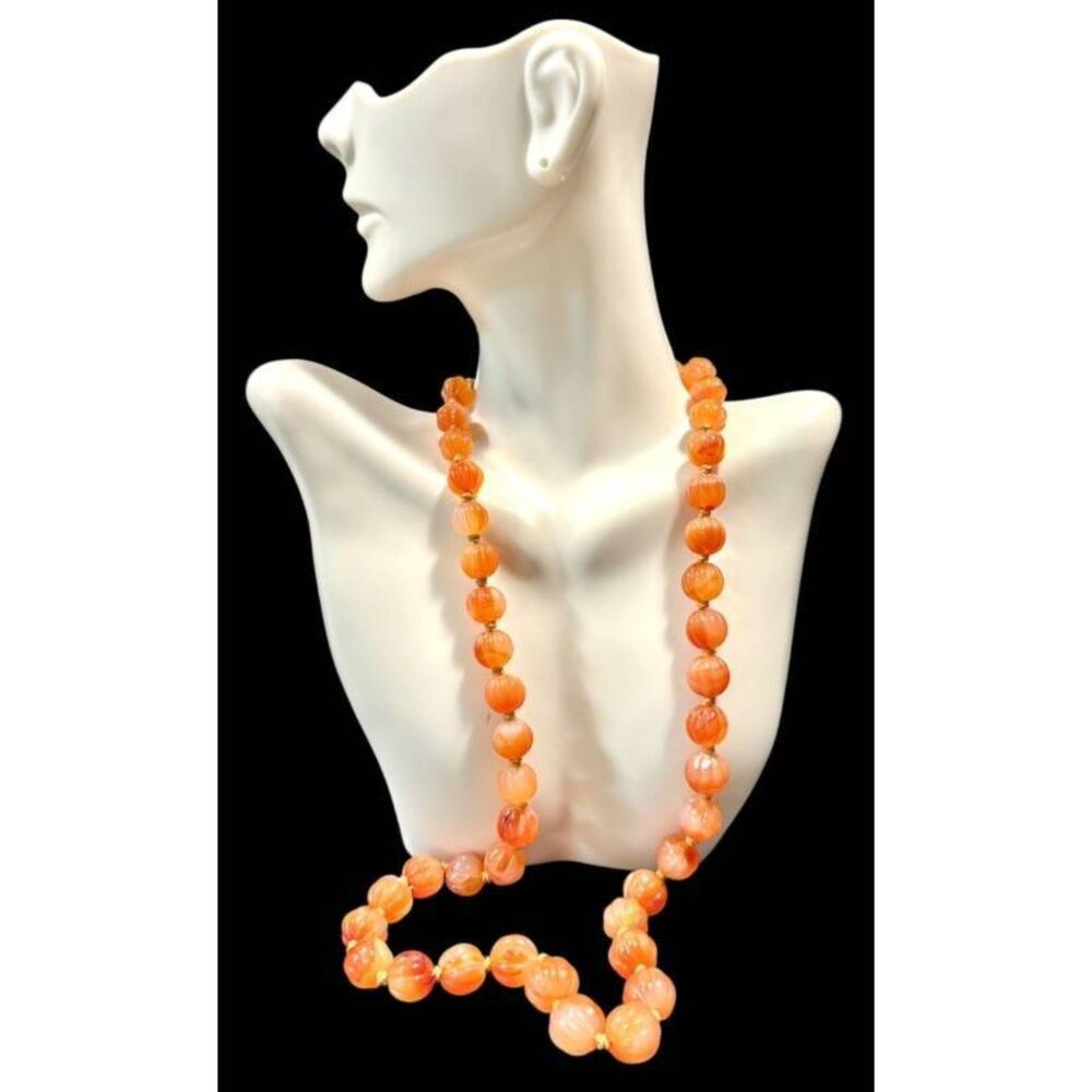 Vintage Carnelian Agate Hand Knotted Beaded Necklace  25" L Sterling Clasp